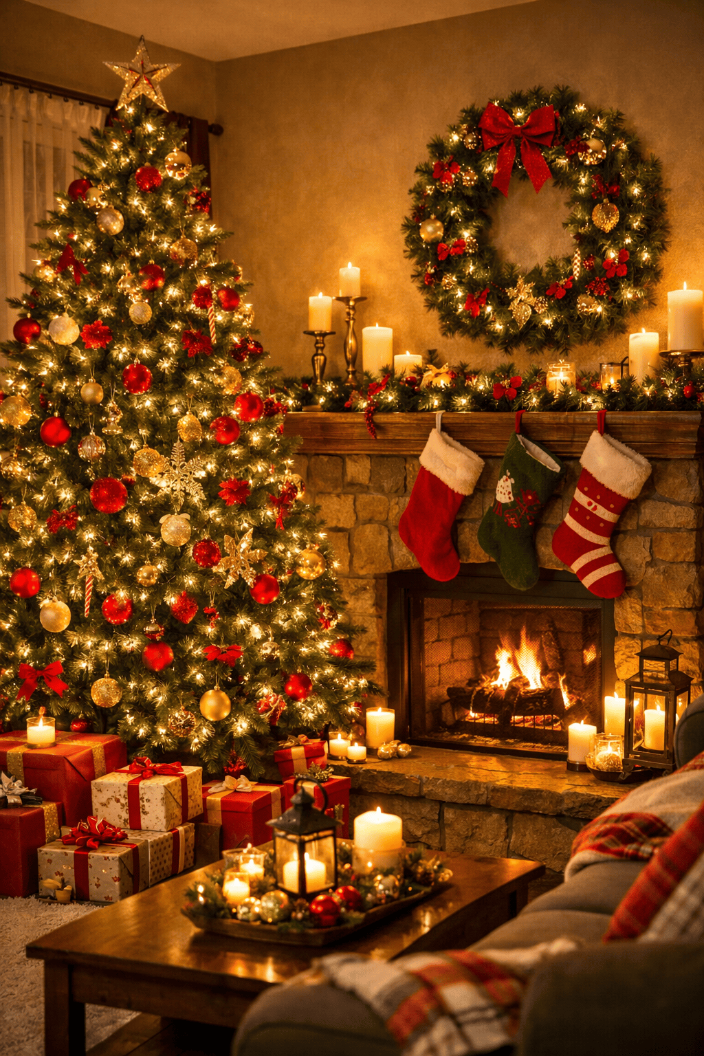 Christmas decorations ideas with Christmas tree lights, ornaments, wreaths, and festive home décor